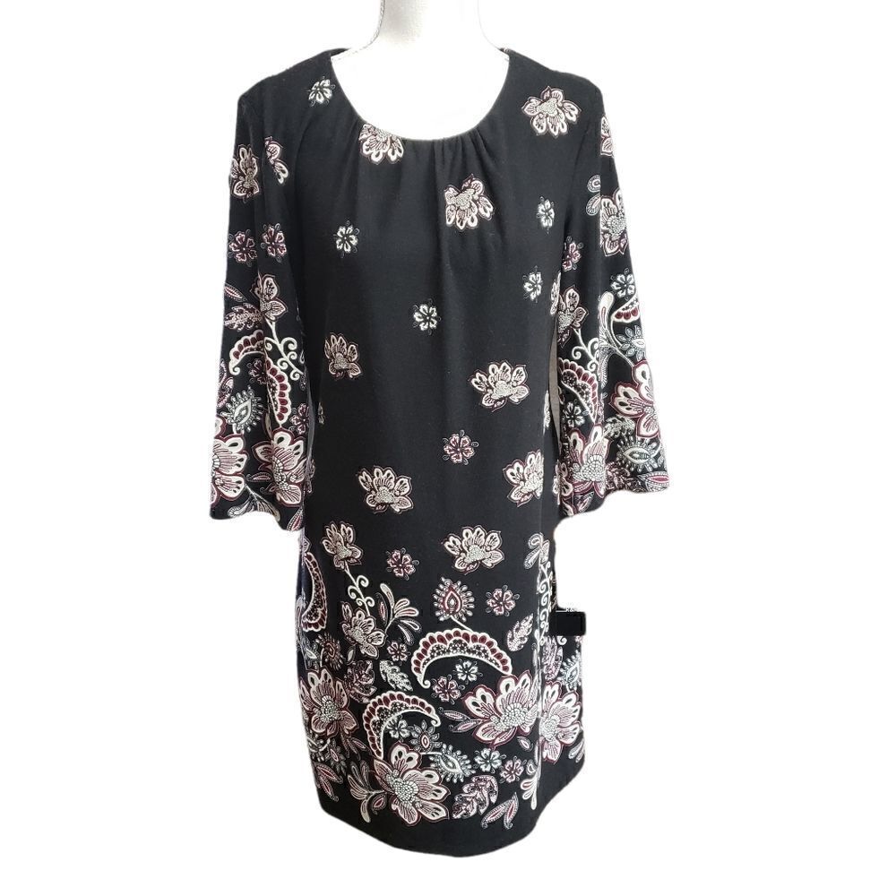 R&K Black w/ Textured Floral Print 3/4 Sleeve Shift Dress Sz 8 NWT